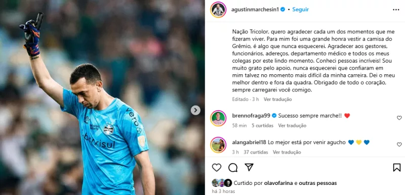 Marchesín publica texto de despedida ao Grêmio e mostra gratidão: "Nunca esquecerei"