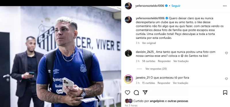 Ex-Grêmio, Soteldo "escorrega" na web e pede desculpas ao Santos: "Clube que amo"