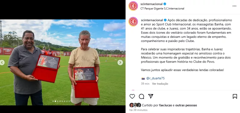 Inter anuncia homenagem para dois funcionários históricos que estão se aposentando