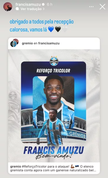 Nas redes sociais, Amuzu se manifesta pela primeira vez como jogador do Grêmio