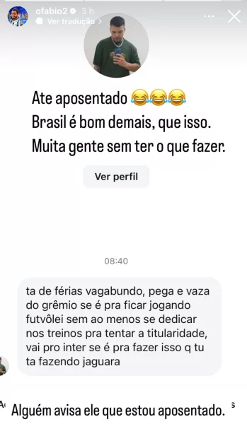 Ex-jogador do Grêmio expõe xingamento de torcedor na web, mas lembra: "Estou aposentado"