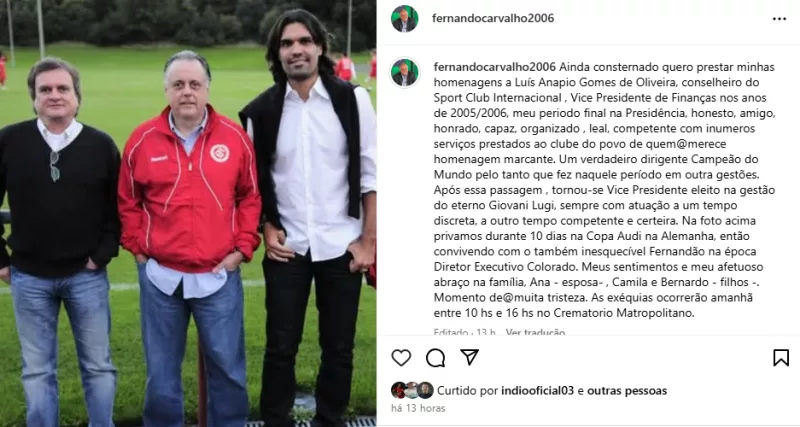 Inter lamenta morte de ex-dirigente que trabalhou com Fernandão e Fernando Carvalho