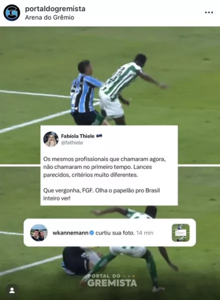 Após "surto" na Arena, Kannemann curte post com críticas à arbitragem do Gauchão