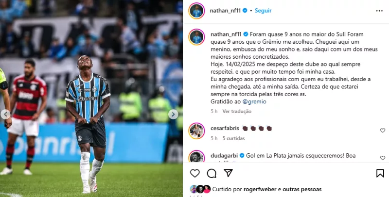 Reforço do Botafogo, Nathan Fernandes publica texto de despedida ao Grêmio: "Minha casa"