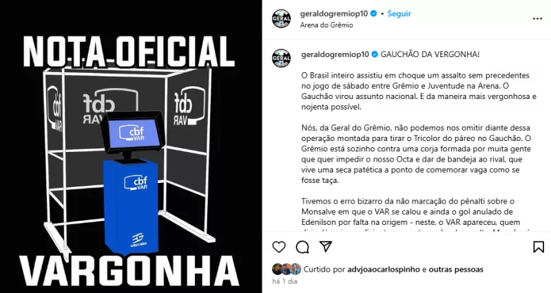 Em nota, Geral do Grêmio cutuca Inter e vê Gauchão com cartas marcadas: "Bando de ladrões"