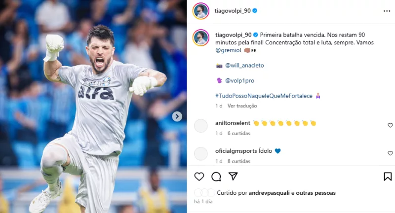 Elogiado por Quinteros, Volpi comenta nova vitória do Grêmio: "Primeira batalha"