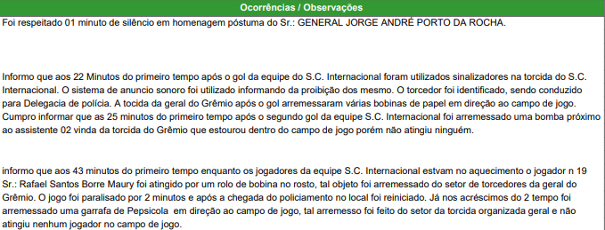 Sinalizadores, bombas e queda de Borré: súmula do árbitro detalha ocorrências do Gre-Nal