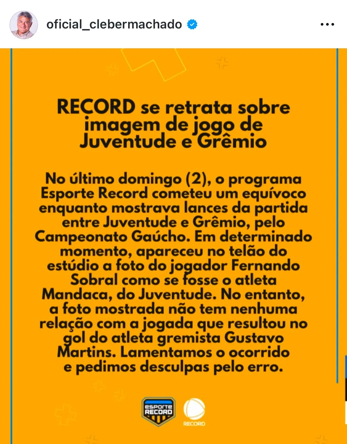 TV Record aceita cobrança do Grêmio e solta nota oficial sobre gafe ao vivo