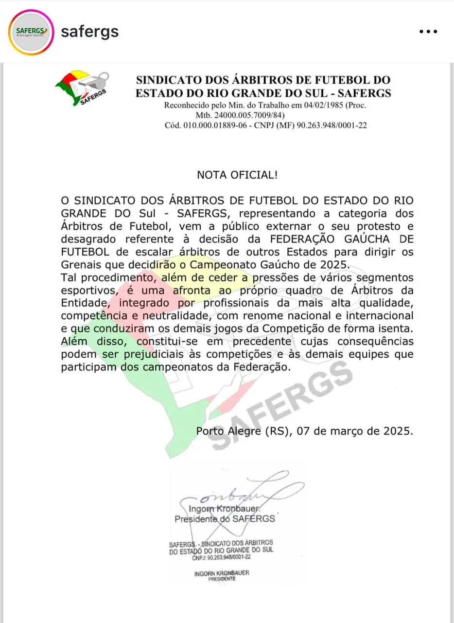 SINDICATO DOS ÁRBITROS DE FUTEBOL DO ESTADO DO RIO GRANDE DO SUL