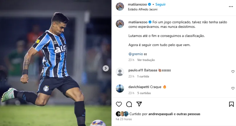 Arezo chama a responsabilidade em momento decisivo e ajuda Grêmio: "Nunca desistimos"