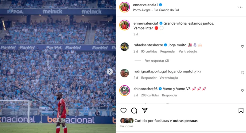 A publicação de Enner Valencia nas redes sociais após a vitória do Inter sobre o Grêmio