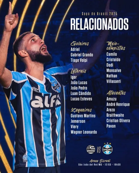 Com titulares, veja provável escalação do Grêmio, horário e onde assistir contra o Athletic