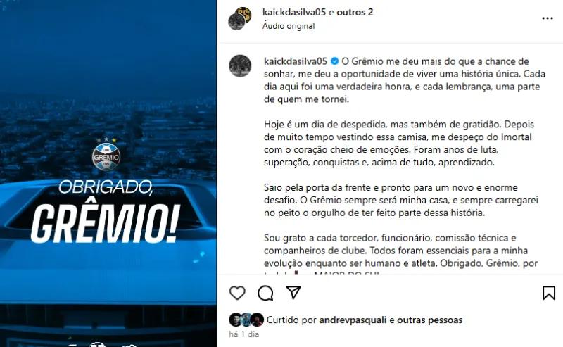 "História única": melhor amigo de Amuzu publica longa despedida ao Grêmio na web