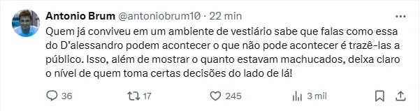 Brum faz interpretação sobre fala polêmica de D'Alessandro: "Estavam machucados"