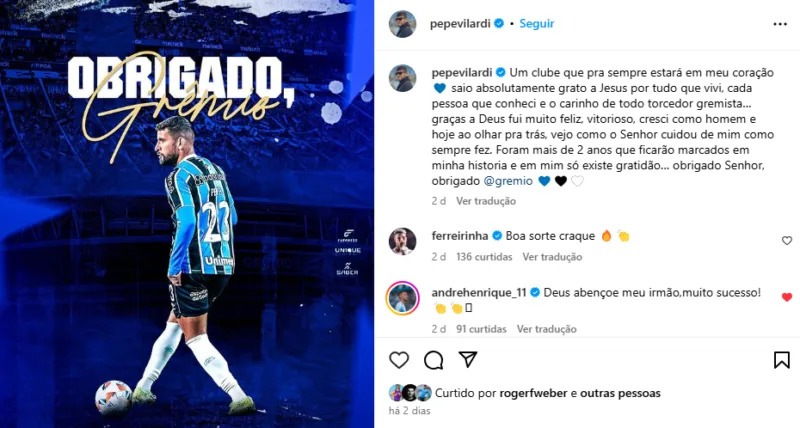 Pepê publica texto de despedida ao Grêmio e mostra gratidão: "Sempre no meu coração"