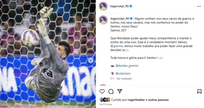 Volpi tem o nome gritado pela torcida do Grêmio e se manifesta na web após classificação