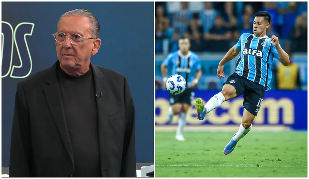 Galvão Bueno se surpreende com decisão do árbitro no Gre-Nal: "Se é no meio de campo..." Galvão Bueno Gre-Nal Grêmio