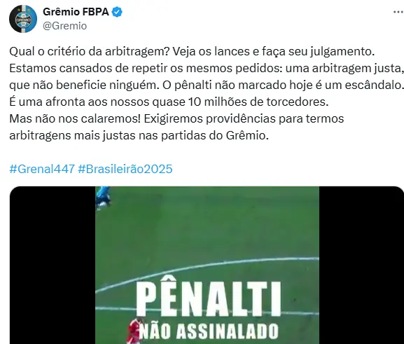 Em nota, Grêmio fala em "escândalo" e revela como vai agir após pênalti não dado