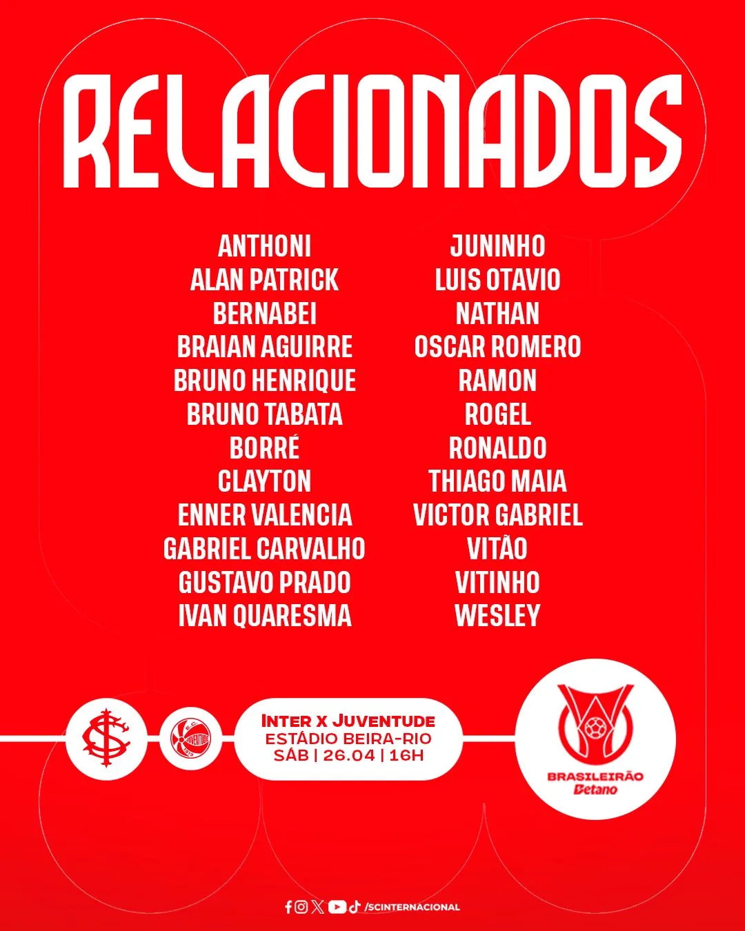 Com preservações no time, veja provável escalação do Inter e onde assistir contra o Juventude Relacionados Inter x Juventude - Brasileirão 2025