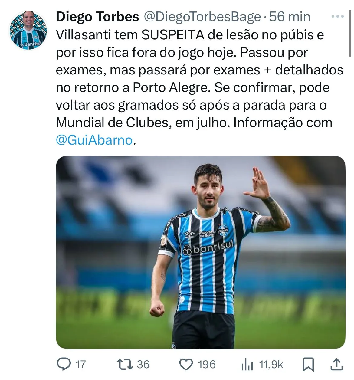 O motivo que fez Villasanti ficar fora da partida do Grêmio pela Copa do Brasil Villasanti , Grêmio