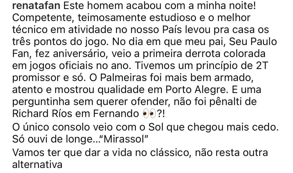 Renata Fan elogia Abel Ferreira e alfineta o Grêmio após goleada