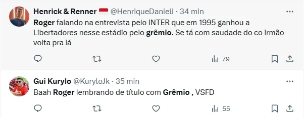 Roger cita título com o Grêmio antes de jogo decisivo do Inter e repercute na web