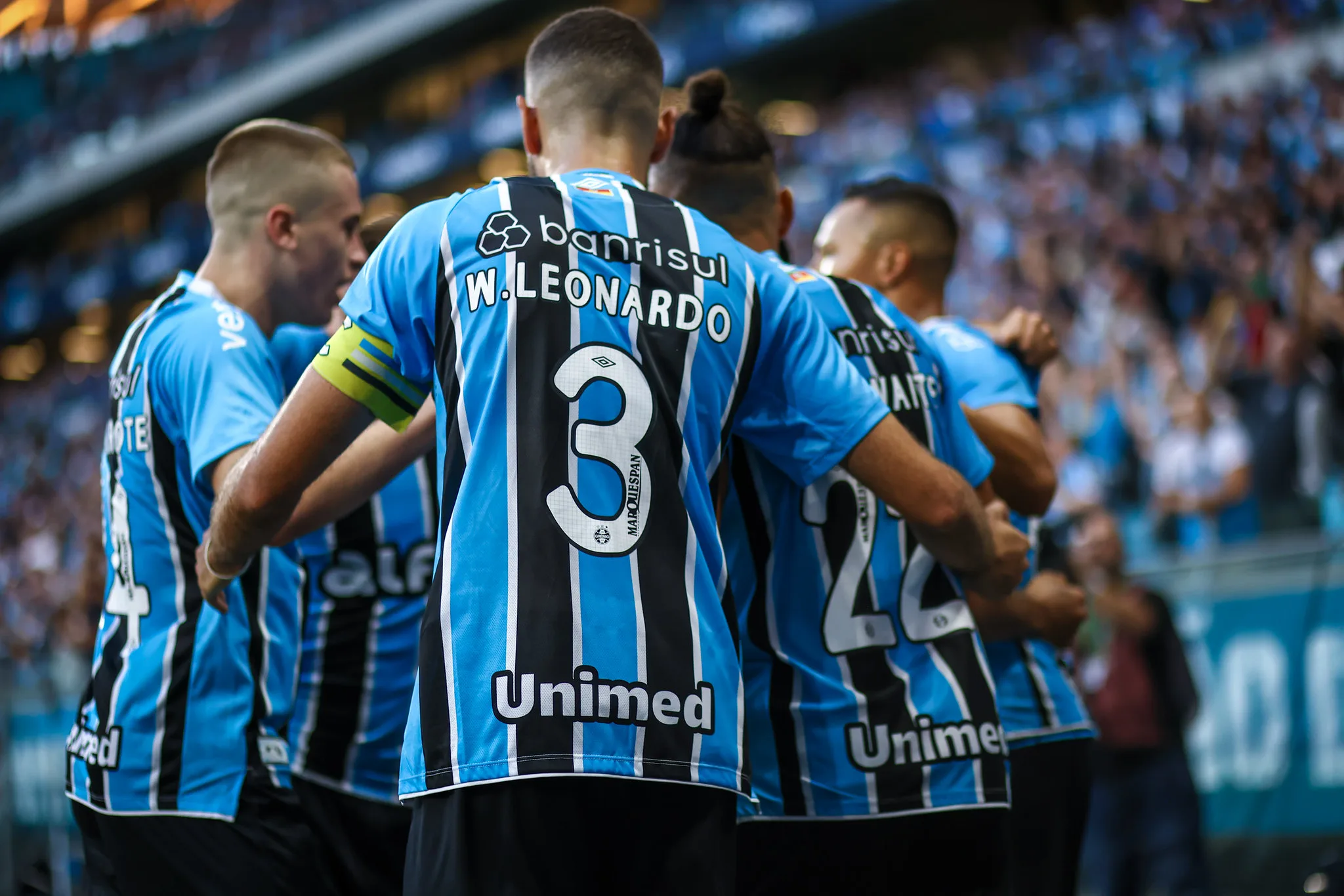 Jogadores do Grêmio comemorando gol no confronto contra o Santos, válido pelo Campeonato Brasileiro 2025 Foto: lucas Uebel/Grêmio