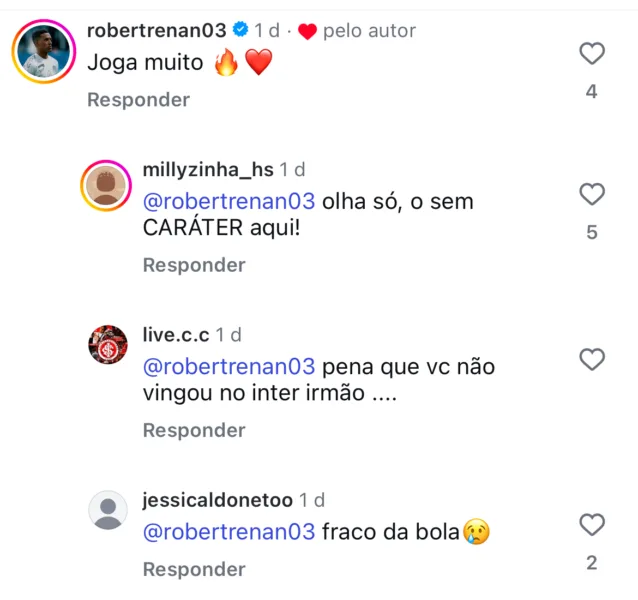 Robert Renan reaparece em post de jogador do Inter, mas recebe críticas da torcida