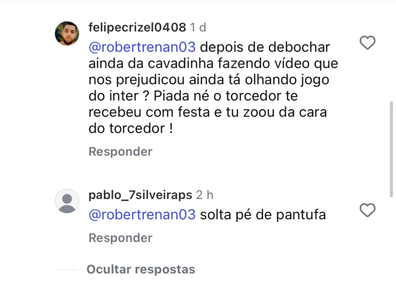 Robert Renan reaparece em post de jogador do Inter, mas recebe críticas da torcida