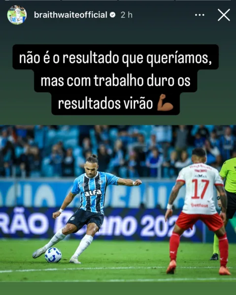 Braithwaite manda recado para Amuzu e se manifesta na web sobre fase do Grêmio