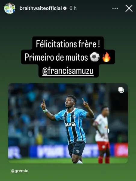 Braithwaite manda recado para Amuzu e se manifesta na web sobre fase do Grêmio
