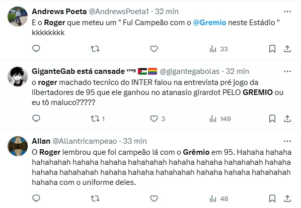Roger cita título com o Grêmio antes de jogo decisivo do Inter e repercute na web