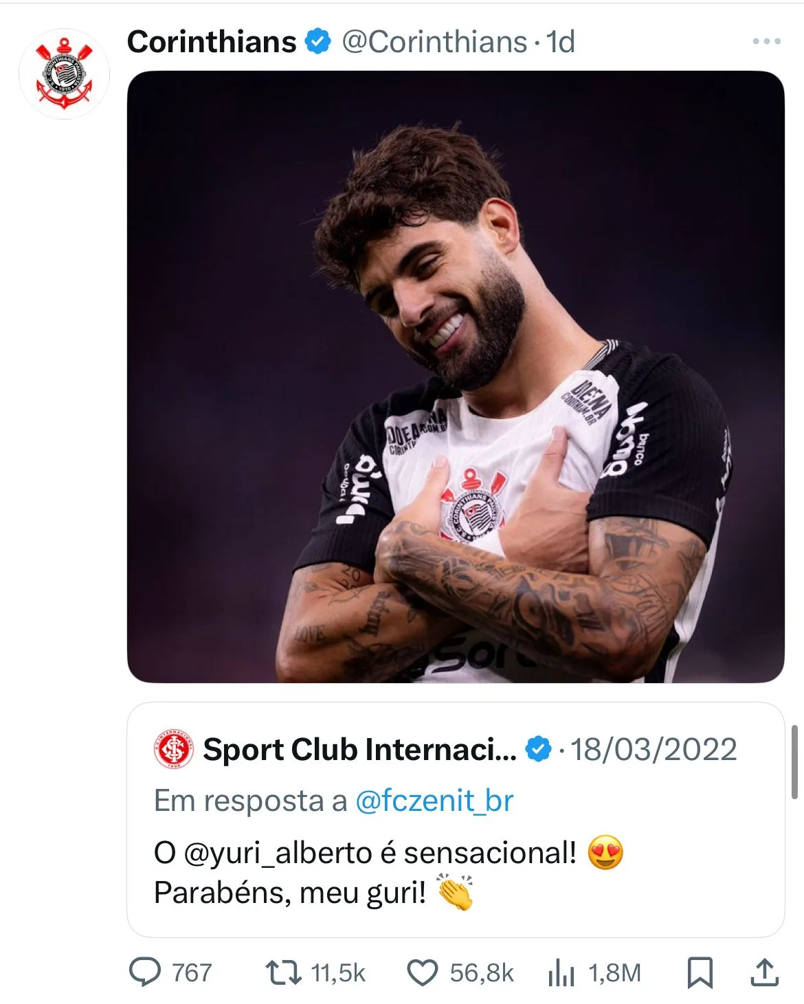 Corinthians provoca Inter nas redes sociais usando publicação antiga sobre Yuri Alberto
