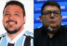 Alex Bagé, jornalista e Alexandre Rossato, dirigente do Grêmio. Foto lado a lado