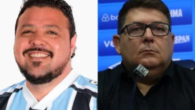 Alex Bagé, jornalista e Alexandre Rossato, dirigente do Grêmio. Foto lado a lado