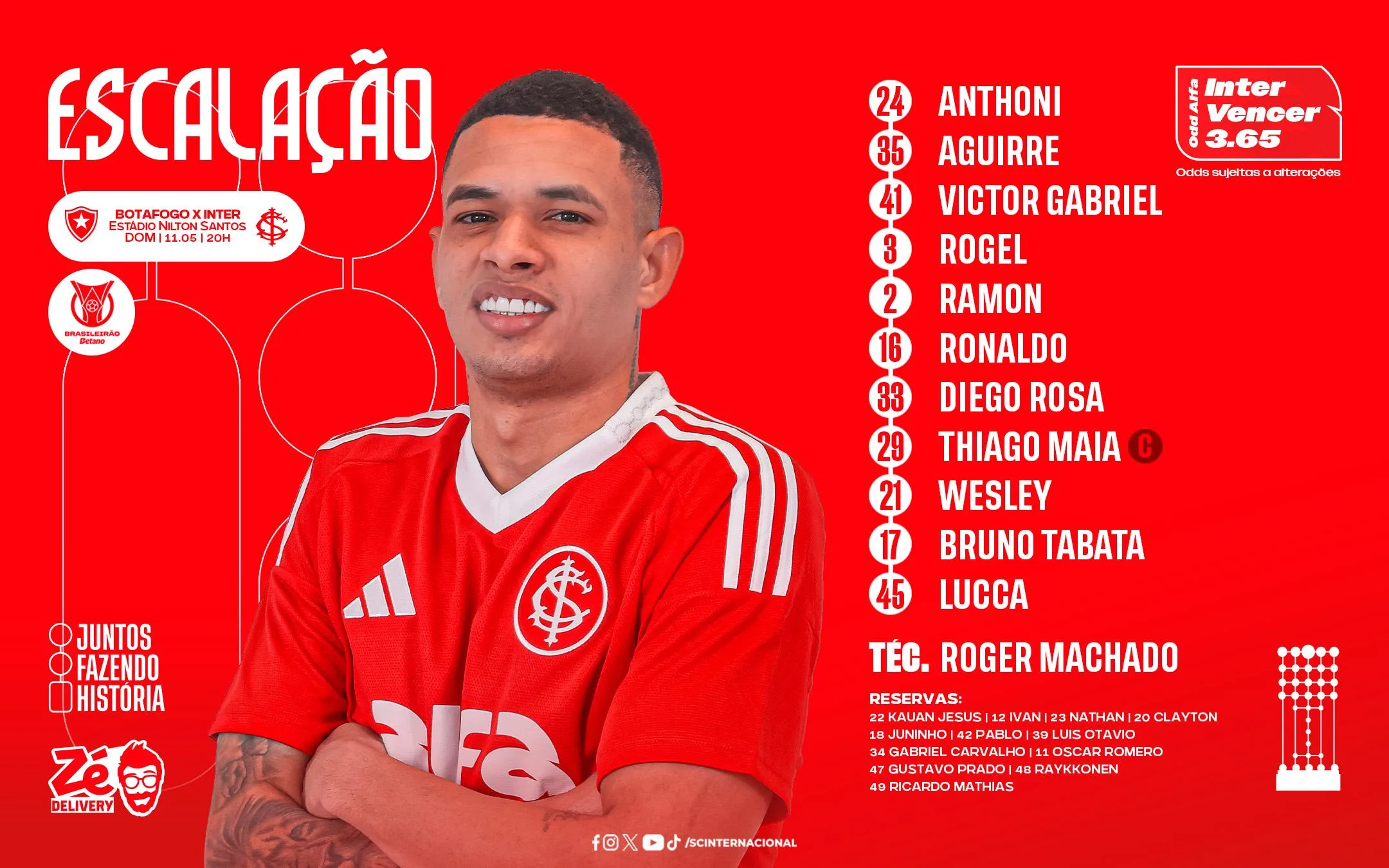 Inter divulga escalação para enfrentar o Botafogo no Brasileirão