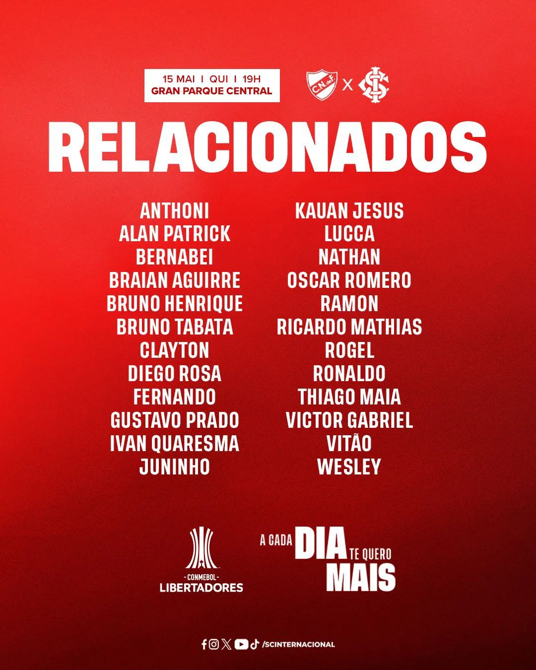 Inter divulga relacionados contra o Nacional e atualiza situação de Enner Valencia Lista dos relacionados:Nacional x Inter - Libertadores 2025 - Fase de grupos