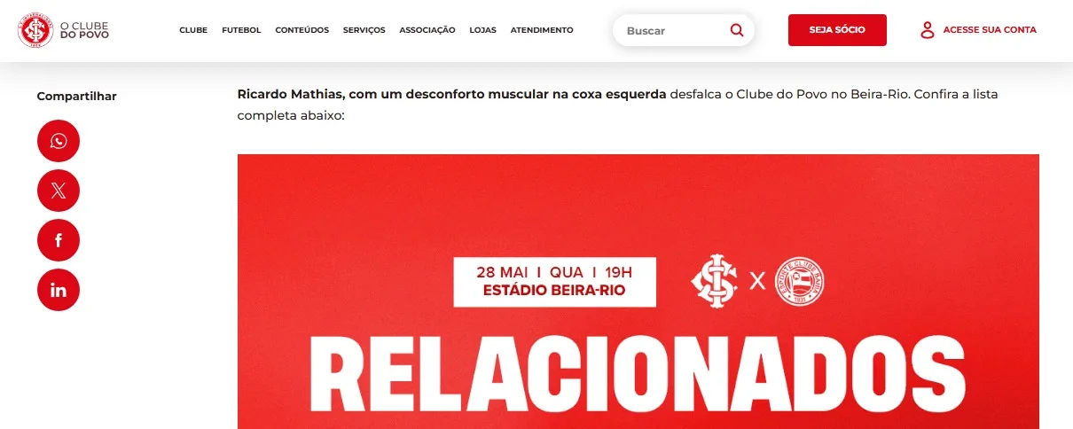 Trecho do site oficial do Inter não aponta lesão grave de Ricardo Mathias Site oficial do Inter aponta um desconforto muscula de Ricardo Mathias