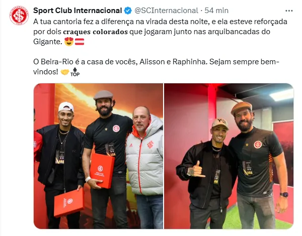 Alisson e Raphinha assistem vitória no Beira-Rio e recebem recado do Inter: "Casa de vocês"