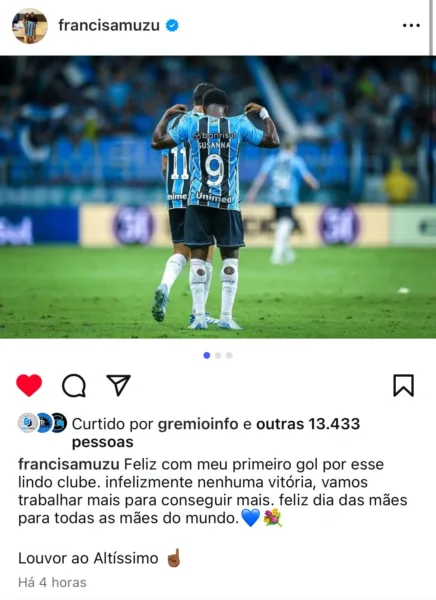 Amuzu faz post na web após 1° gol pelo Grêmio e ganha mensagem de jogador do City