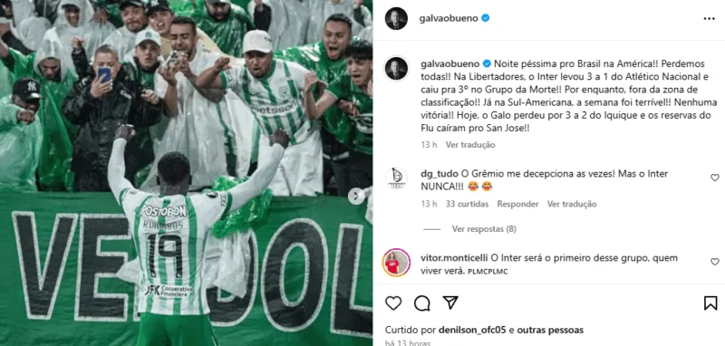 Galvão Bueno cita derrota do Inter e se preocupa com times brasileiros: "Noite péssima"