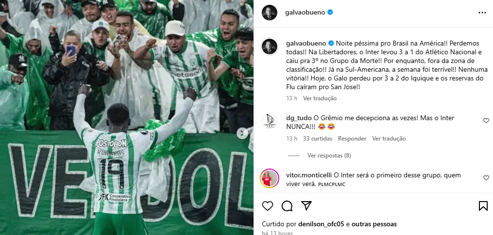 Galvão Bueno cita derrota do Inter e se preocupa com times brasileiros: "Noite péssima"