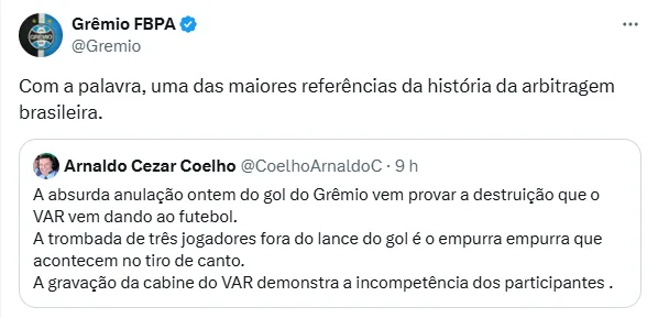 Perfil oficial do Grêmio compartilha opinião de Arnaldo Cezar Coelho: "Referência"