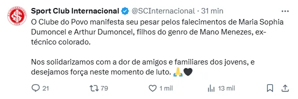 Inter se pronuncia e mostra luto por tragédia na família de Mano Menezes: "Desejamos força"