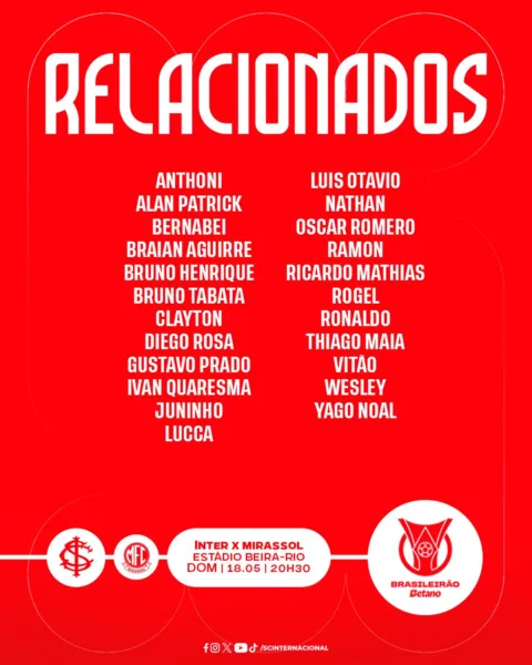 Juninho volta ao time titular do Inter contra o Mirassol; Fernando é preservado