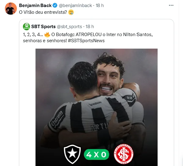 Apresentador ironiza Vitão após goleada do Botafogo contra o Inter: "Deu entrevista?"