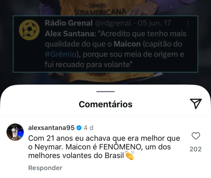Melhor que Maicon? Perto do Grêmio, Alex Santana esclarece print que viralizou