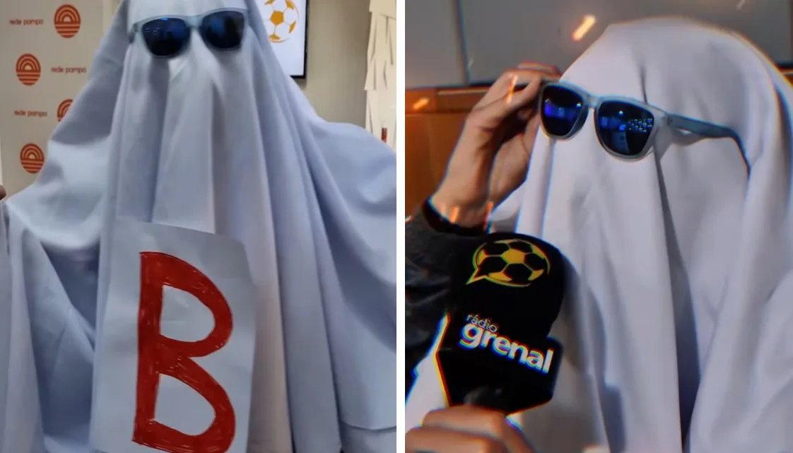 Identificado com o Grêmio, comentarista se veste de "Fantasma da B" e avisa Inter: "Vou ficar" Inter Grêmio Roger