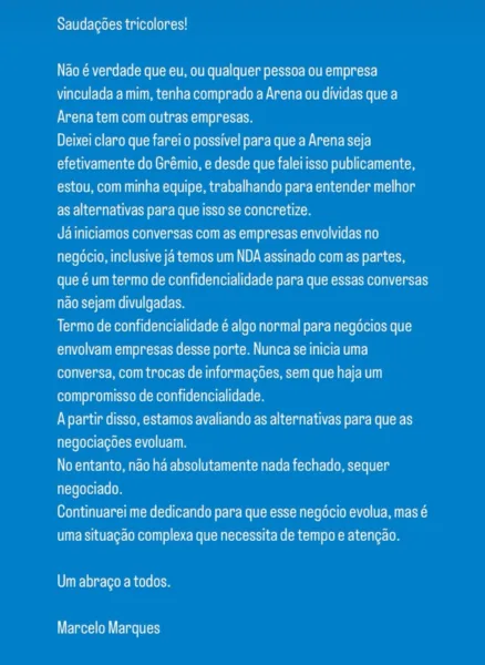 Marques solta nota oficial sobre possível compra da Arena após informação viralizar