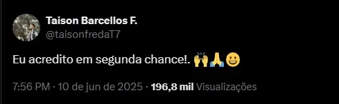 Informações sobre Taison e a possibilidade de uma nova volta ao Inter Taison criou postagem no Twitter acreditando em segunda chance mas não explicou qual. Seria jogar no Inter?
